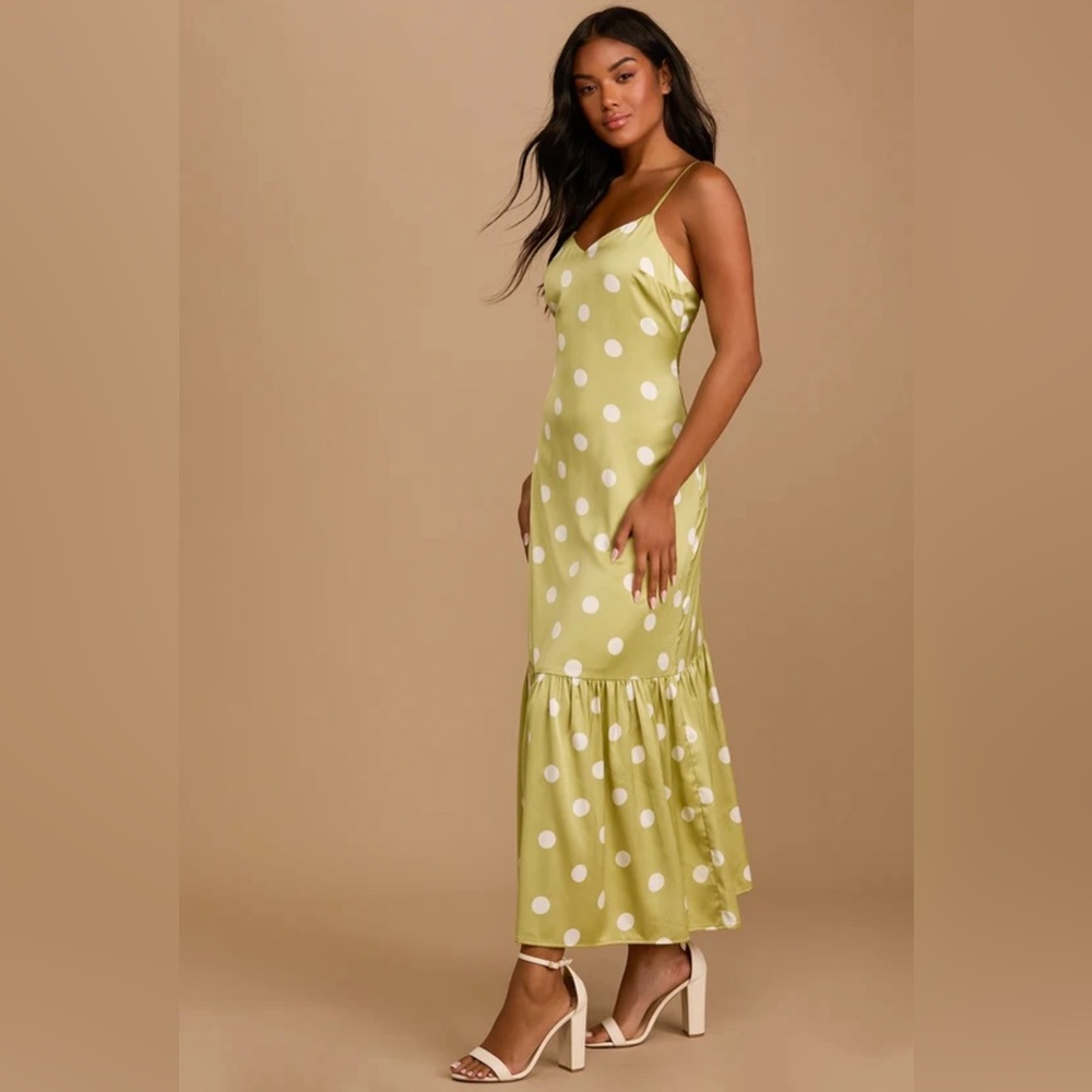 LULU Green Polkadot Satin tiered Maxi Dress